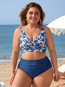 Swim Lushoire 夏季海滩女士加大码花卉印花褶皱比基尼套装 - 藍色 - 查看 6