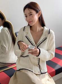 DAZY 女式對比色卷邊雙排扣針織衫 - 米色 - 查看 3