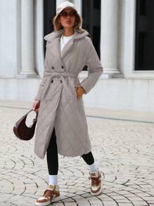 RueChic 女款純色系扣翻領長版襯墊大衣