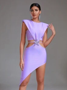 Modphy Asymmetrical Sexy Dress Featuring Starfish Pattern & Rhinestone Decor With Hollow Out Design - Purple - View 6