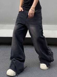 Manfinity Roghcode Men's Water Washed Black Fashionable Fringed Flared Jeans - Black - View 6