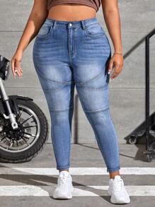 SHEIN EZwear Jeans Ajustados De Moda De Talla Grande - Azul lavado medio - Ver 4