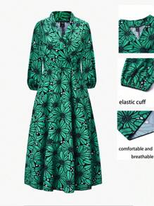SHEIN Clasi Hơn Vải in hoa Tay áo lồng đèn Đầm - màu xanh lá - Xem 1