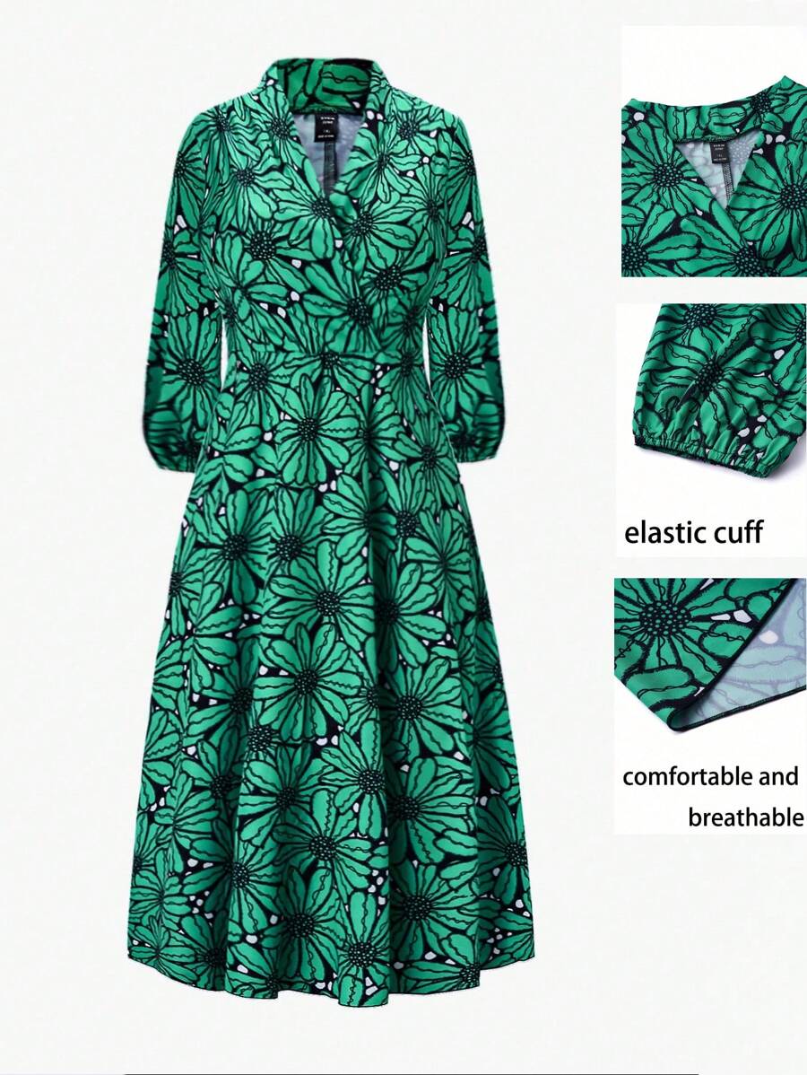 SHEIN Clasi Hơn Vải in hoa Tay áo lồng đèn Đầm - màu xanh lá - Xem 1