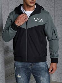 Manfinity Homme Nam Plus Đồ họa Chữ cái Khối màu Dây kéo áo có mũ Áo khoác - màu đen - Xem 6