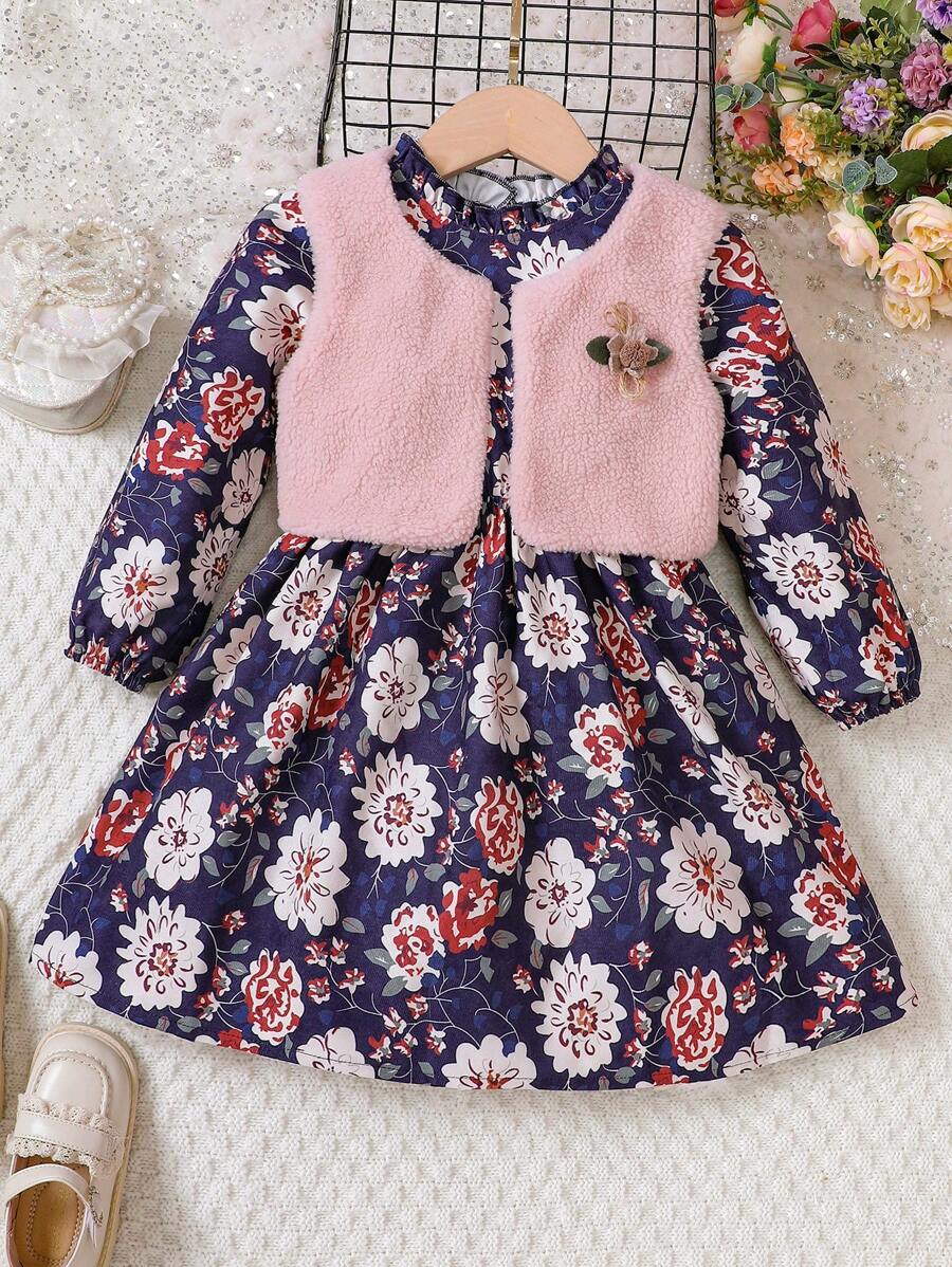 SHEIN 小女孩秋冬花卉印花裙 & 絨毛背心雙件套裝 - 彩色 - 查看 1