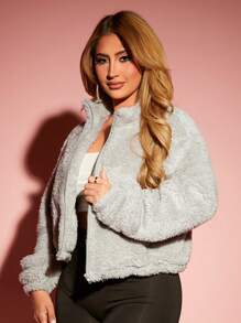 SHEIN SXY Drawstring Hem Solid Teddy Jacket Turtleneck Zip Cardigan White Top - Grey - View 7