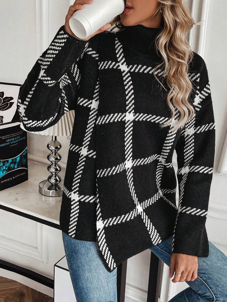 SHEIN Essnce 格子高領毛衣套頭衫 - 彩色 - 查看 1