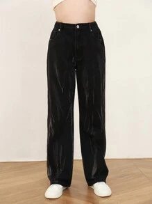 Teen Girls' Sandblasted & Flowers Pattern Black Jeans - Black - View 1