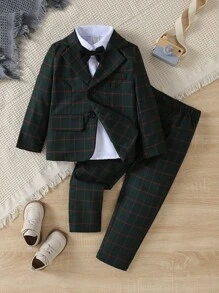 2入組男童格紋輕奢休閒套裝，春秋時尚夾克與褲子組合 - 墨綠色 - 查看 1