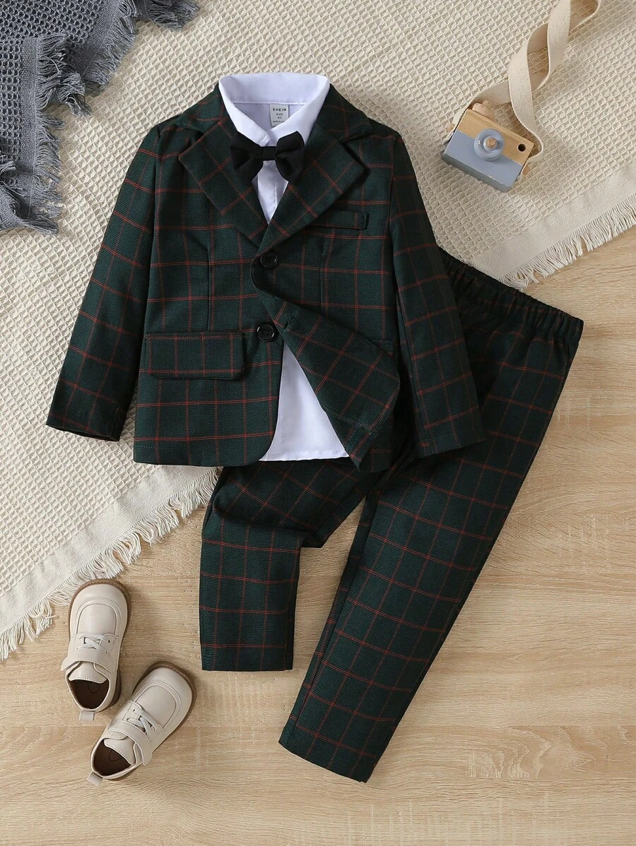 2入組男童格紋輕奢休閒套裝，春秋時尚夾克與褲子組合 - 墨綠色 - 查看 1