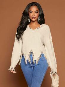 SHEIN SXY Women's Solid Color Drop Shoulder Distressed Long Sleeve Sweater,Long Sleeve Tops In Fall/Winter