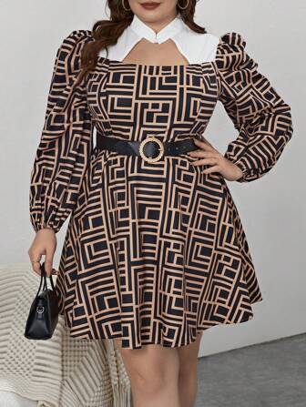 SHEIN Privé 大碼幾何印花蘭袖連衣裙(不附帶腰帶)