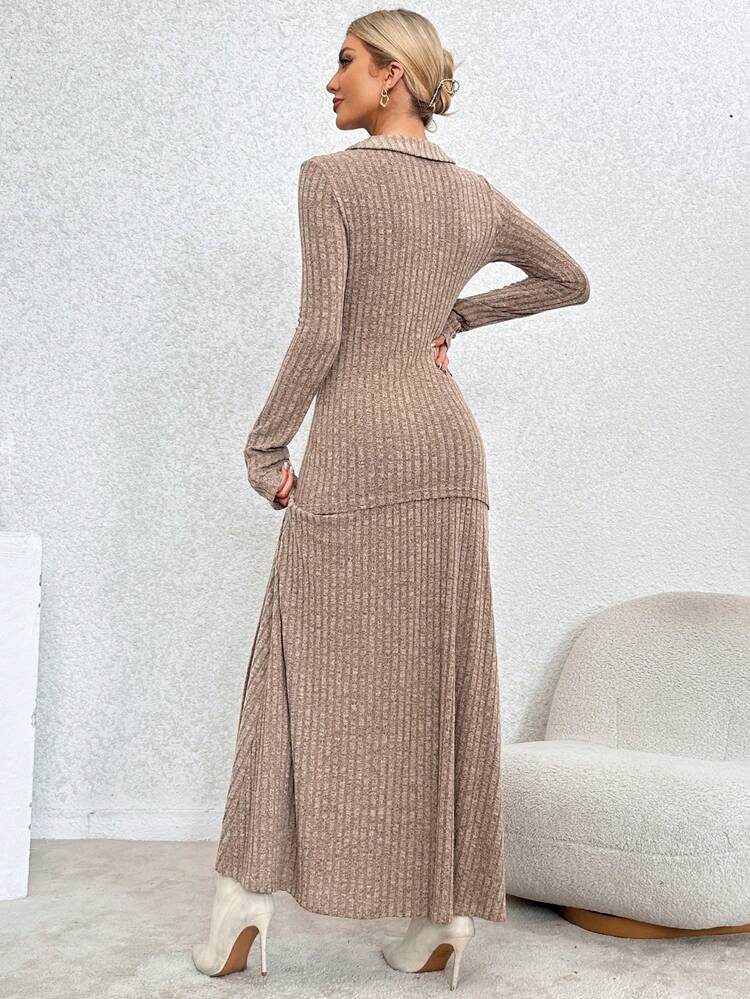 Women's Ribbed Collar T-shirt And Skirt Set