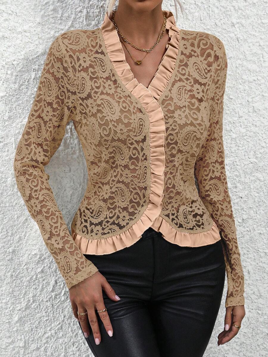 SHEIN LUNE Lá sen tỉa Ren Áo - Hồng - Xem 1