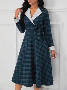 SHEIN Lady Lapel Neck Tie Side Plaid Dress - Multicolor - View 3