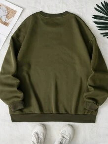 SHEIN EZwear Áo nỉ lót nhiệt in hình bộ xương và khẩu hiệu cỡ lớn - xanh quân đội - Xem 2