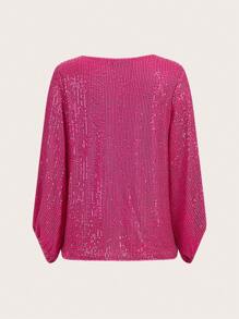 SHEIN Clasi Cổ chữ V Tay áo lồng đèn Kim sa Áo sơ mi - Màu Hồng Tươi - Xem 2