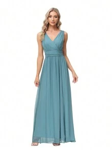 V領高開叉雪紡伴娘禮服