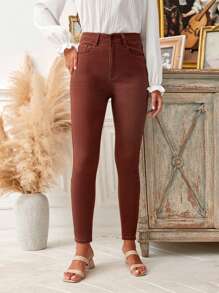 SHEIN LUNE Women's Solid Color Denim Jeans - Coffee Brown - View 1