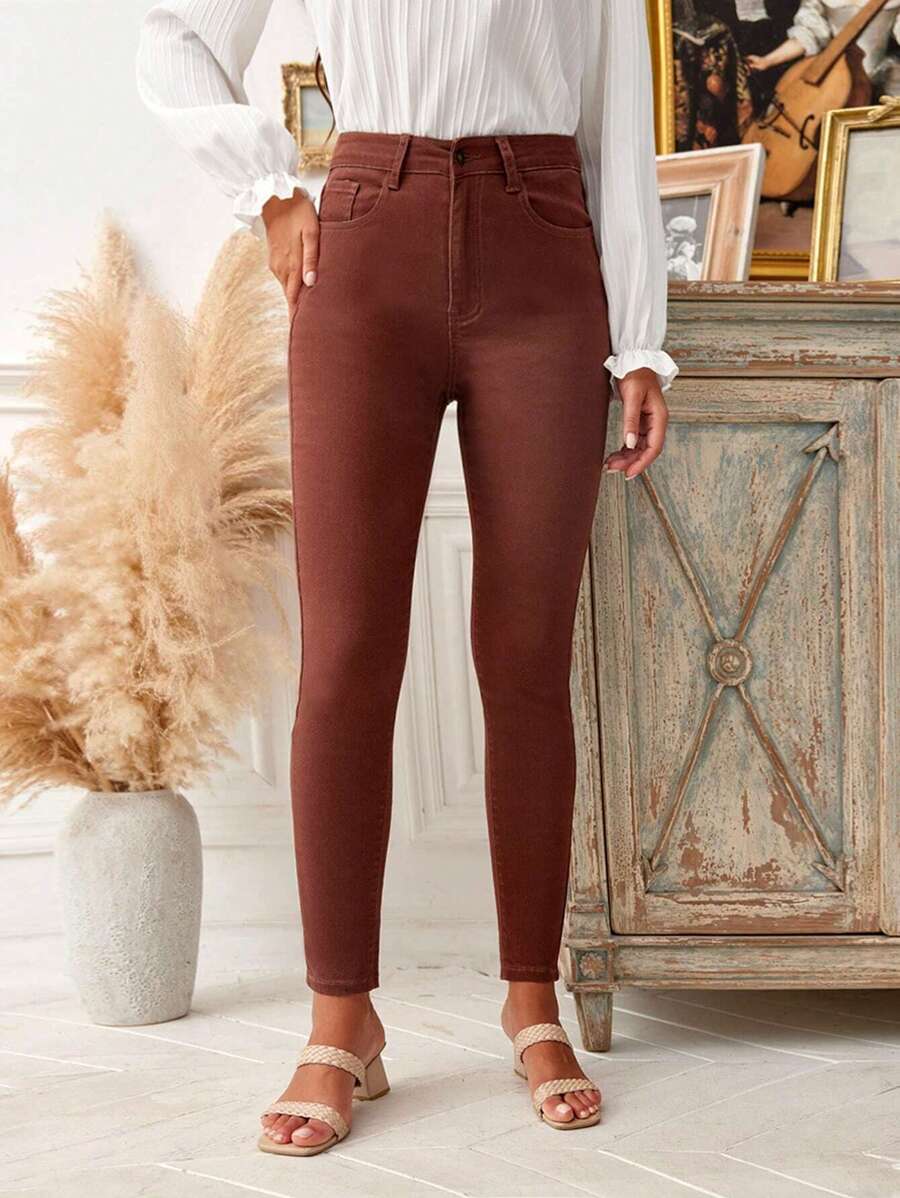 SHEIN LUNE Women's Solid Color Denim Jeans - Coffee Brown - View 1