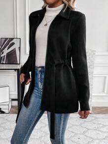 SHEIN Clasi Zip Up Belted Coat - Black - View 6