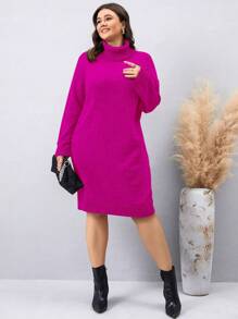 Mulvari Của phụ nữ Kích thước lớn Cổ cao Màu thuần Đầm Áo len - Màu Hồng Tươi - Xem 3