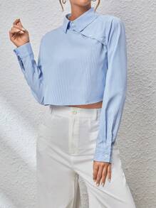 SHEIN Essnce Women's Blue And White Striped Collared Shirt - Blue and White - View 6