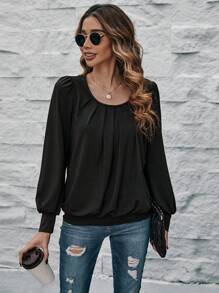 SHEIN LUNE Solid Plicated Detail Lantern Sleeve Sweatshirt - Black - View 4