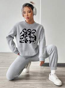 SHEIN EZwear Women's Portrait Printed Sweatshirt And Sweatpants Set - Grey - View 1