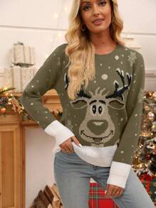 SHEIN LUNE Suéter De Cuello Redondo Tejido Para Mujer Con Diseño De Reno Y Copo De Nieve Y Diseño De Color Contrastante - Verde Oliva - Ver 1