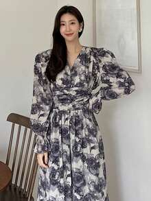 DAZY 女士花卉印花燈籠袖連衣裙 - 灰色 - 查看 5