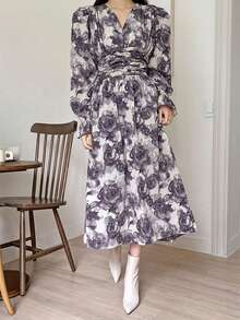 DAZY 女士花卉印花燈籠袖連衣裙 - 灰色 - 查看 10