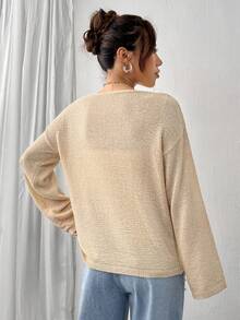 SHEIN Unity Áo len nữ trễ vai cài cúc thông thường và đa năng - Màu Khaki - Xem 2
