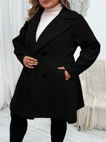 SHEIN CURVE+ Plus Lapel Neck Double Breasted Overcoat - Black - View 5