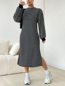 SHEIN EZwear 黑白針織女式長袖連衣裙 - 黑與白 - 查看 3