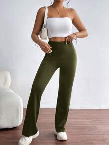 SHEIN Essnce 女款深綠色直筒打底褲 - 墨綠色 - 查看 3