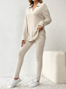 SHEIN Tall Thả vai Đồ đan Ribbed Áo thun & Quần Bộ - Màu Khaki - Xem 7