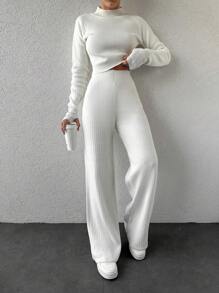 SHEIN Cottnline Women's Stand Collar Raglan Sleeve Sweater 2pcs Set - White - View 4