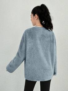 Thiếu niên cô gái Thư được vá Thả vai Aó chui đầu Teddy - Màu xanh bụi bặm - Xem 2