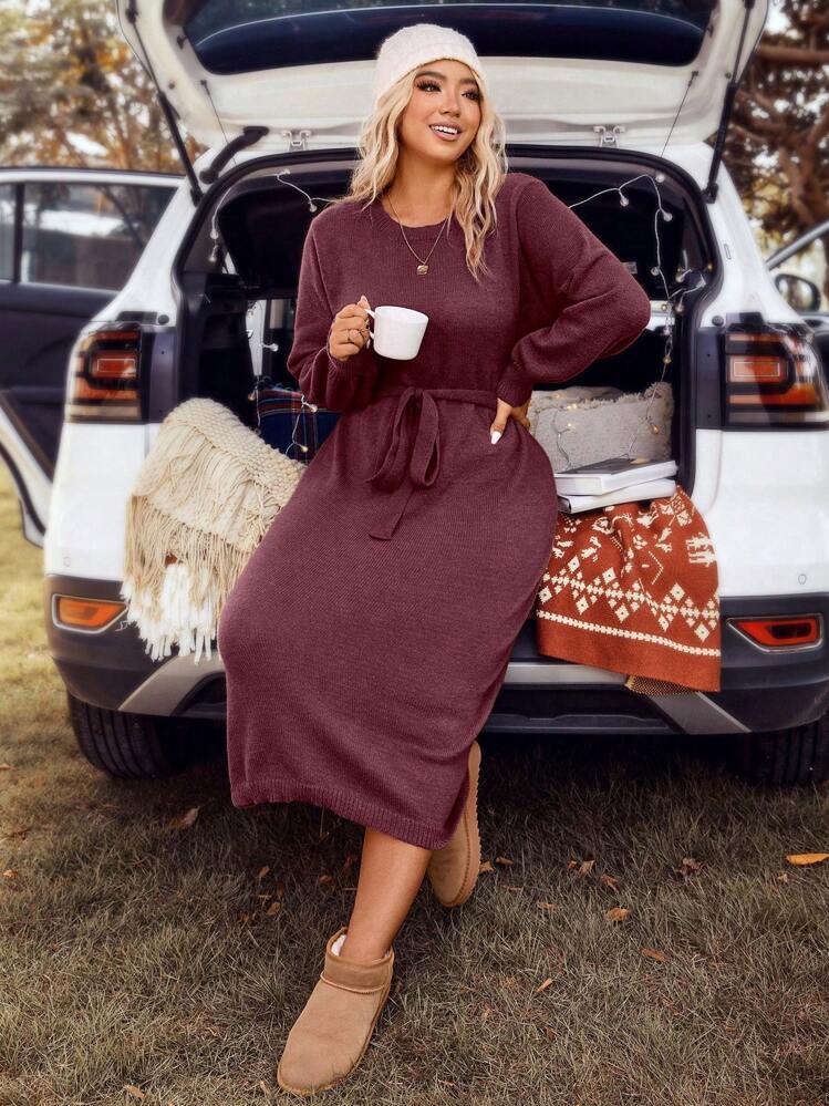 SHEIN LUNE Plus Size Solid Color Lantern Sleeve Sweater Dress With Belt Winter Fall Autumn - Burgundy - View 4