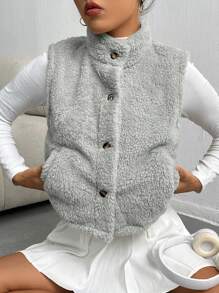 SHEIN Qutie Fleece Vest Jacket - Light Grey - View 6