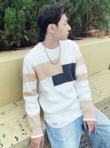 Claim Dot Nam Tương phản Màu sắc Vòng cổ Thả vai Giải trí Áo len - trắng - Xem 3
