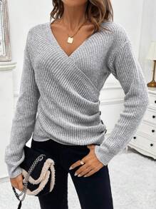 SHEIN LUNE V-neck Wrap Cross Knitted Sweater - Light Grey - View 4