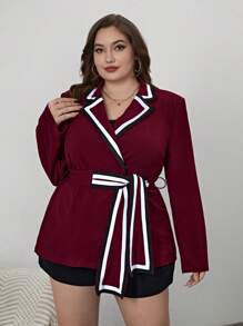 SHEIN Privé Talla grande Blazer unido en contraste con cinturón - Burdeos - Ver 4