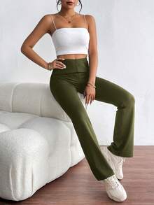 SHEIN Essnce 女款深綠色直筒打底褲 - 墨綠色 - 查看 5