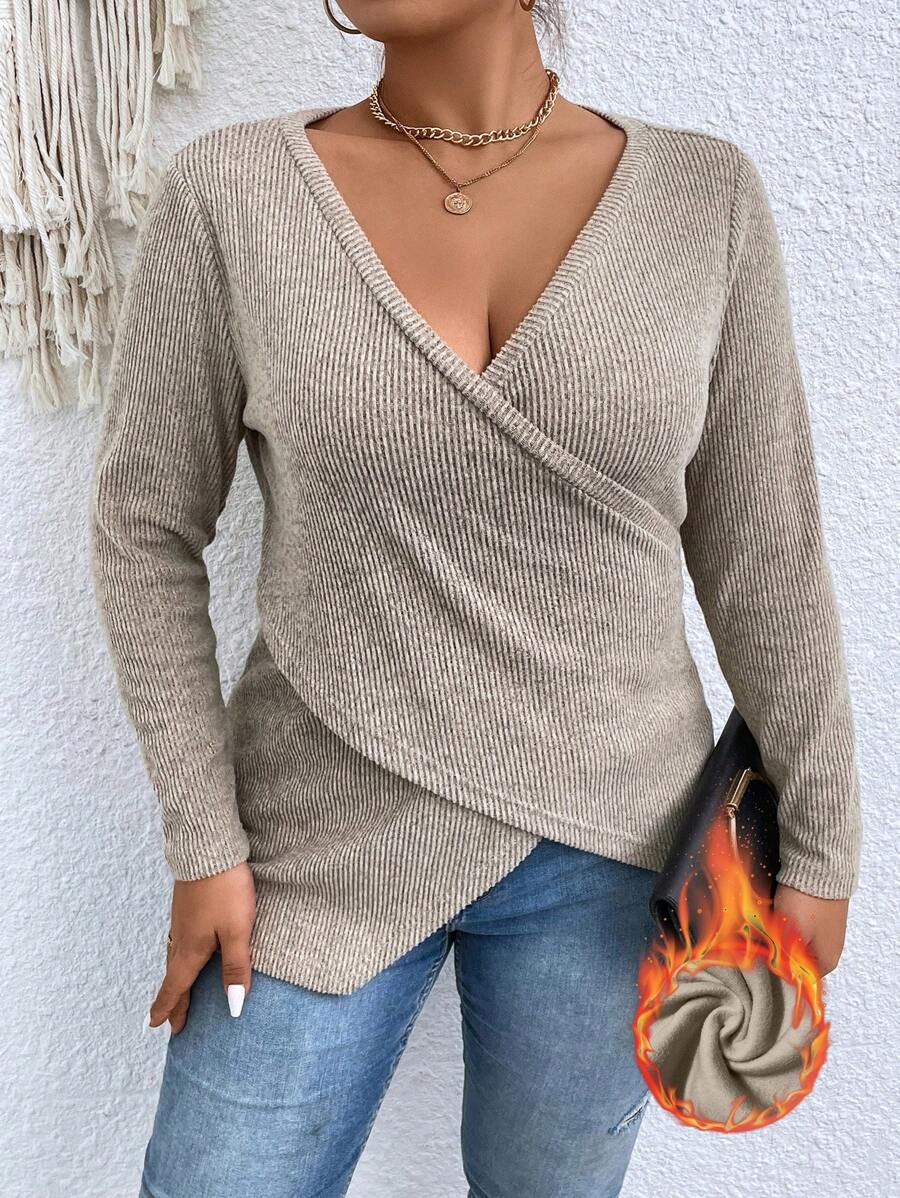 SHEIN Clasi Women's Plus Size Solid Color Asymmetric Criss-cross Deep V-neck T-shirt - Khaki - View 1