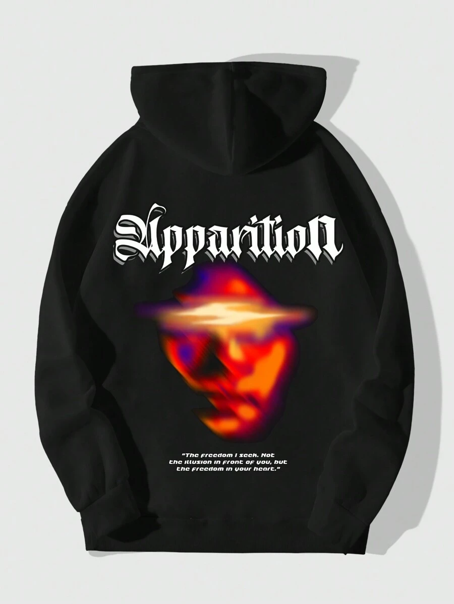 ROMWE MEN Street Life 男士休閒印花運動衣服,簡約款式 - 黑色 - 查看 1