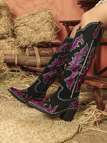 Styleloop 女士鑽石閃粉中筒尖頭西部牛仔黑靴,時尚閃爍水晶膝高方塊粗跟牛仔女靴侧拉鍊休閒靴 - 黑色 - 查看 3