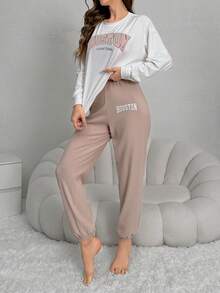 Letter Graphic Drop Shoulder Lounge Set - Khaki - View 5